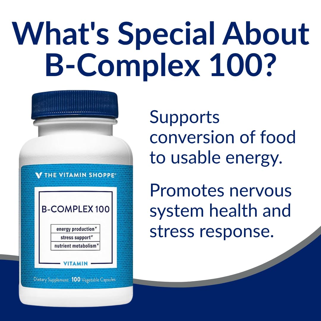 The Vitamin Shoppe Vitamin B-Complex capsules on a wooden table