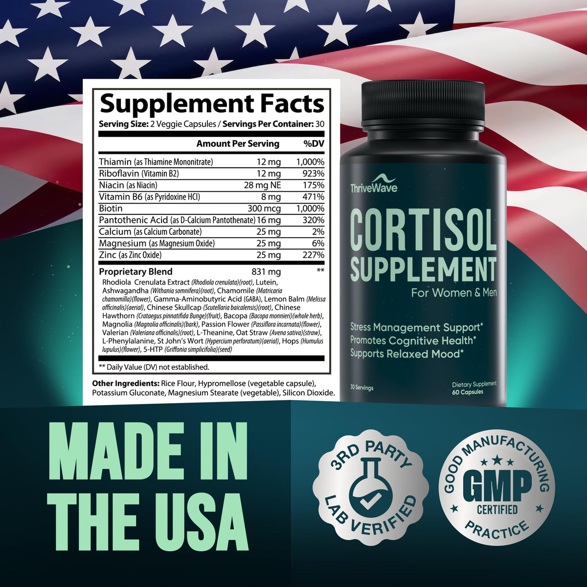ThriveWave Cortisol Supplements capsules in hand