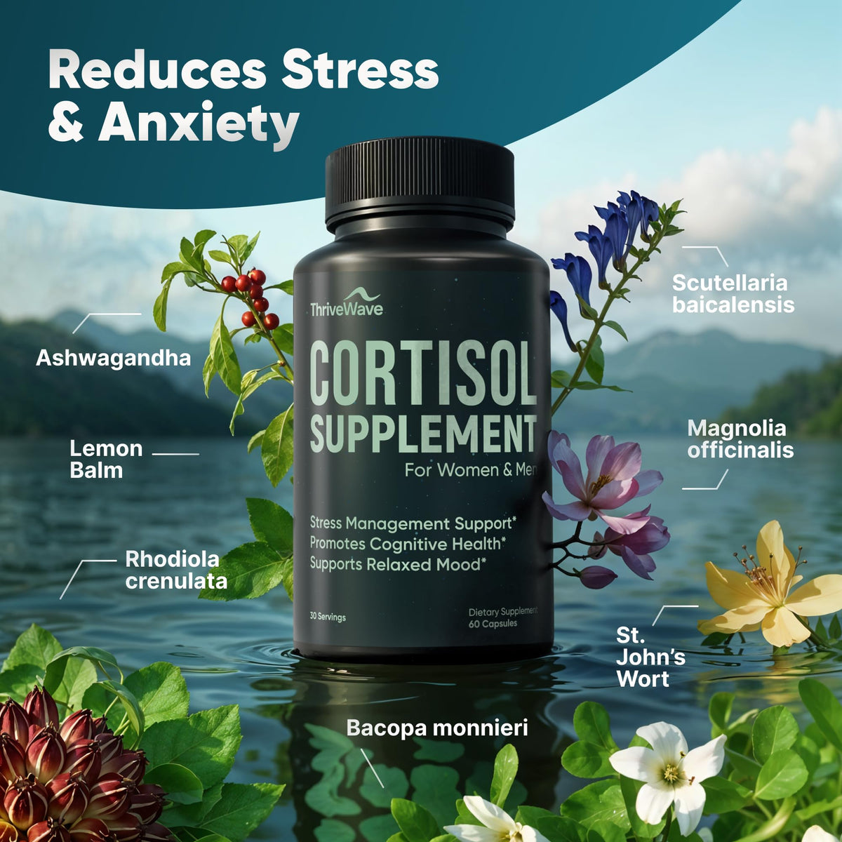 ThriveWave Cortisol Supplements capsules on a table