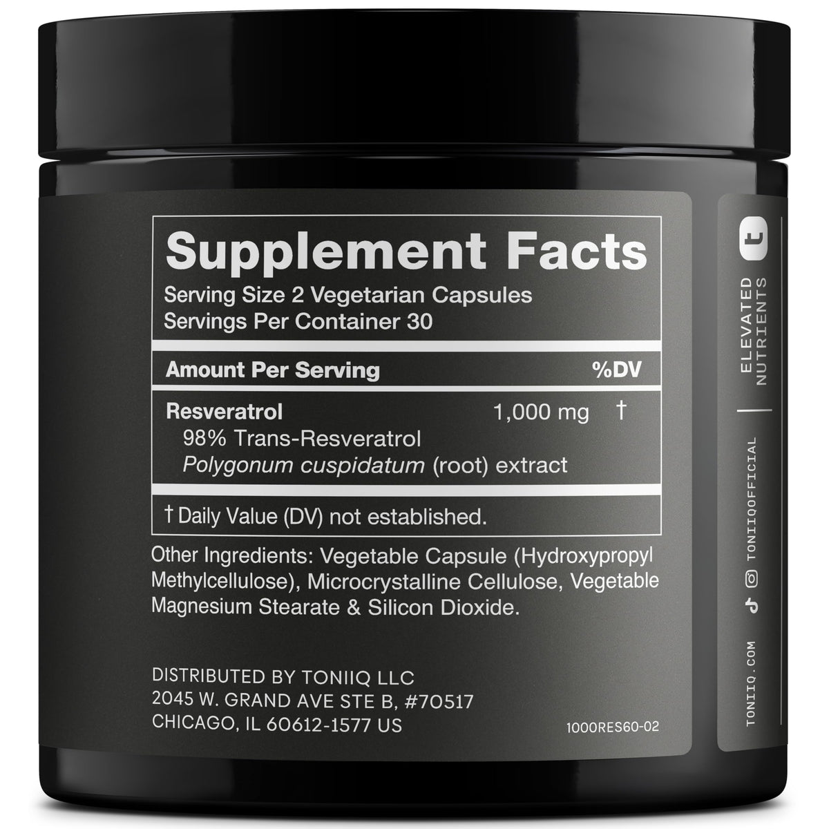 Toniiq Trans Resveratrol 1000mg supplement bottle side view