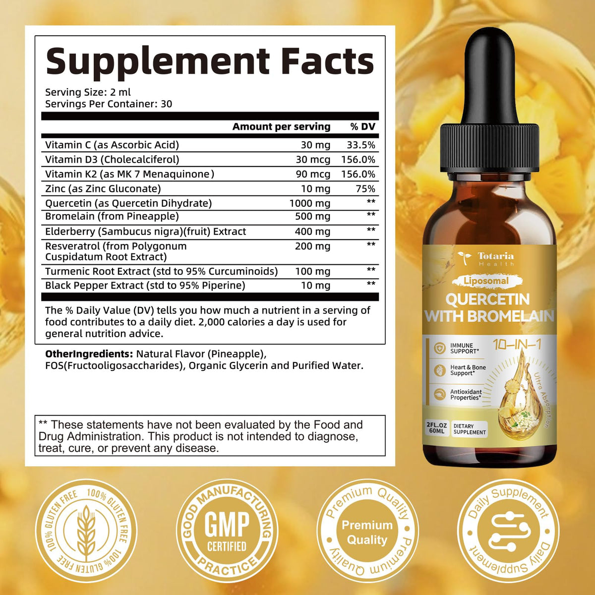 Totaria Liposomal Quercetin Liquid Drops 2 fl oz bottle