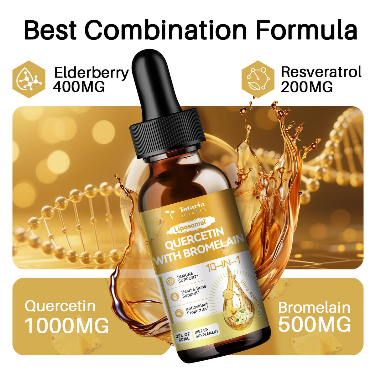 Totaria Liposomal Quercetin Liquid Drops 500mg bromelain side view