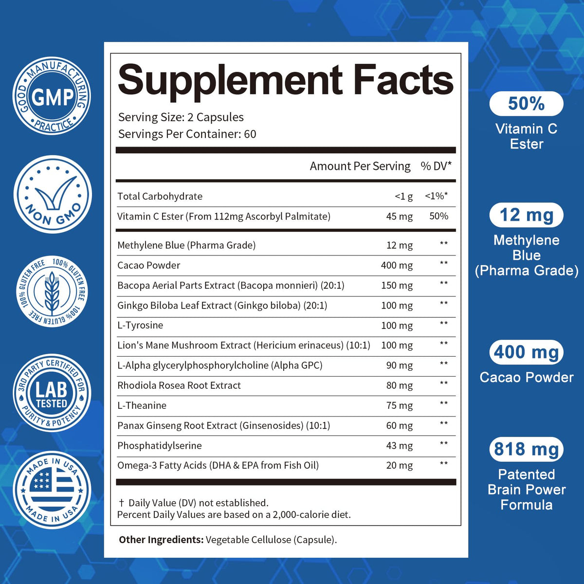 Totaria Methylene Blue 13-in-1 Brain Formula displayed with other supplements