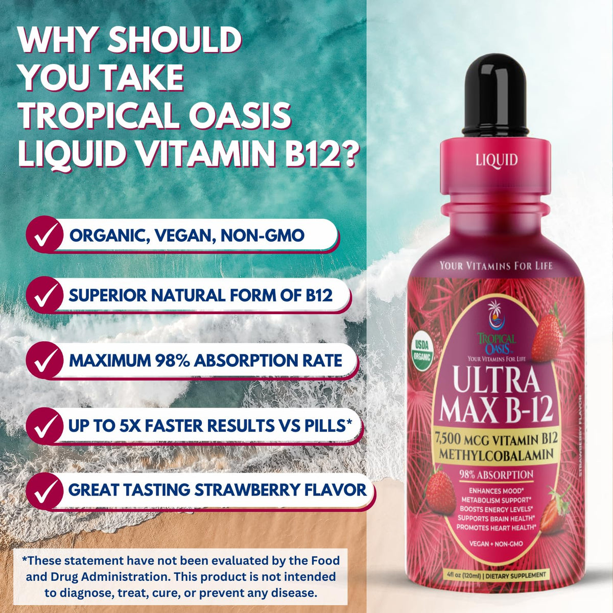 Tropical Oasis Ultra Max B12 5000mcg liquid drops on a wooden table