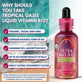 Tropical Oasis Ultra Max B12 5000mcg liquid drops on a wooden table