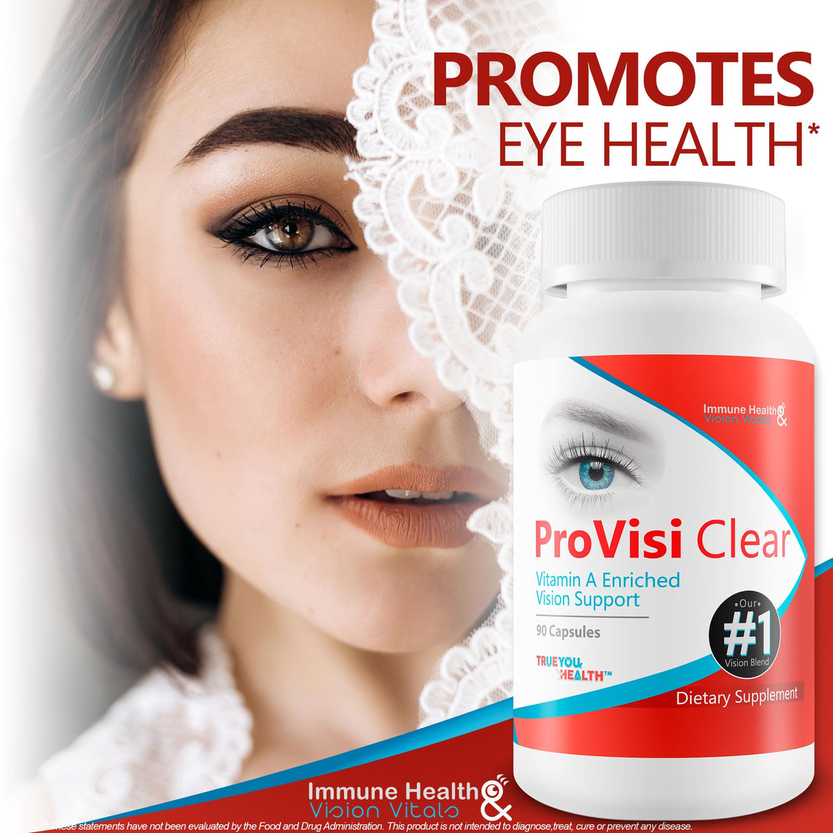 True You Health Pro VisiClear Vitamin A Vision Support capsules on a wooden table