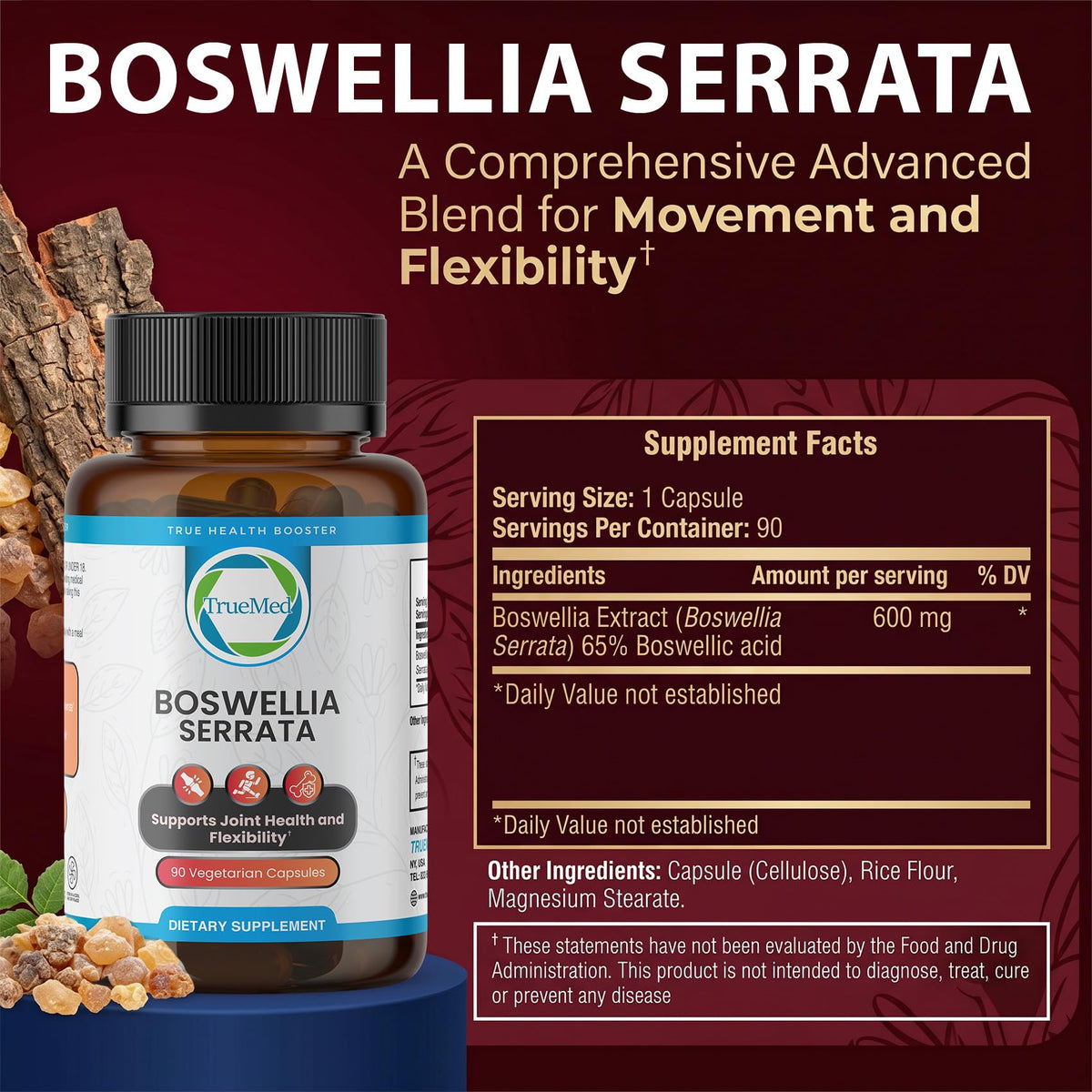 TRUEMED Boswellia Serrata capsules with a measuring spoon