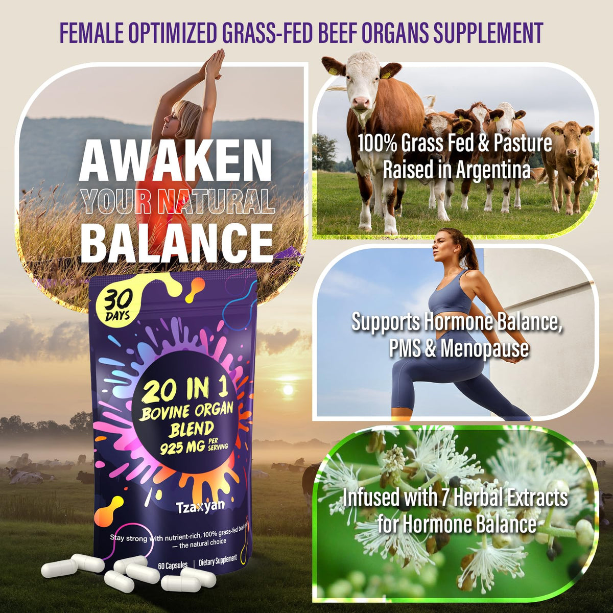 tzaxyan 20-In-1 Beef Organ Supplement for Women side view