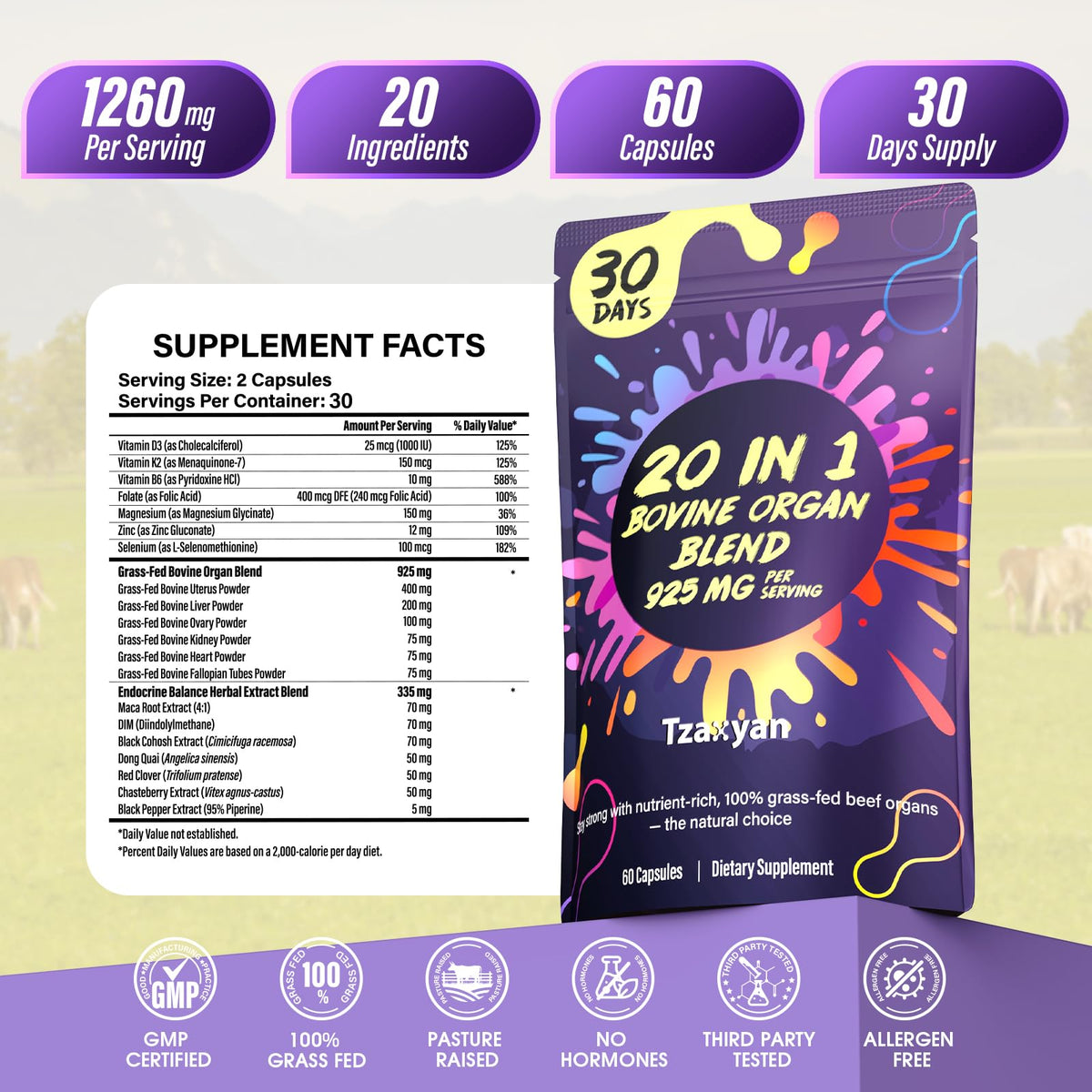 tzaxyan 20-In-1 Beef Organ Supplement for Women with a measuring spoon