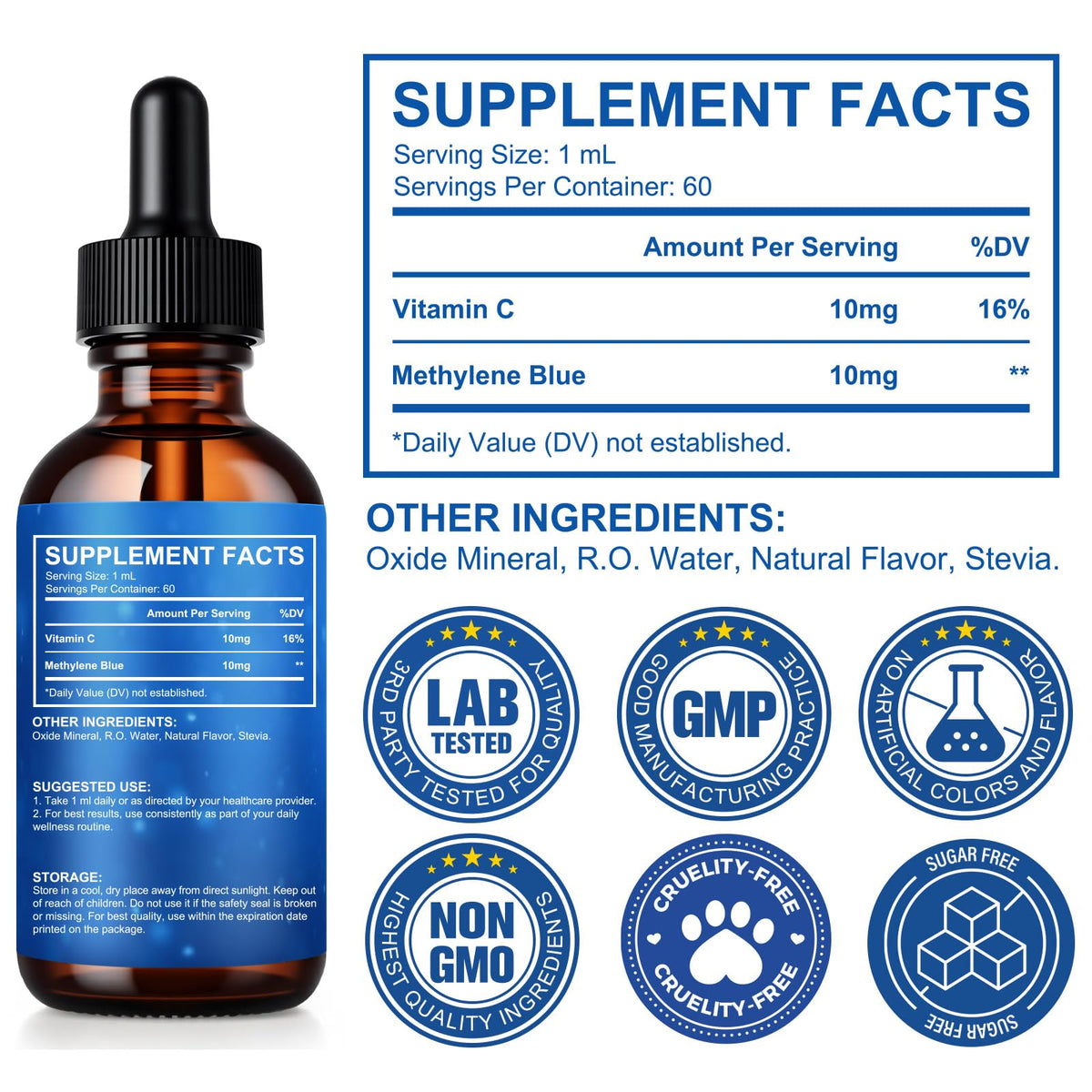 Vawcrn Methylene Blue Drops 2.0 Fl Oz glass bottle side view