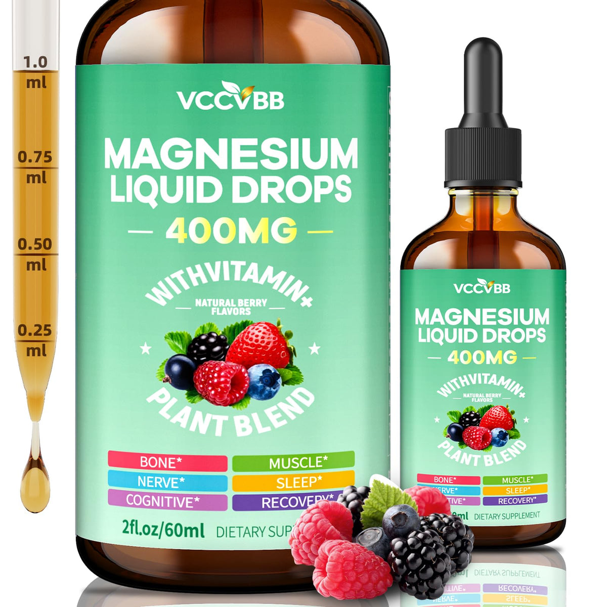 VCCVBB Magnesium Glycinate Liquid Drops front view with natural berry flavour