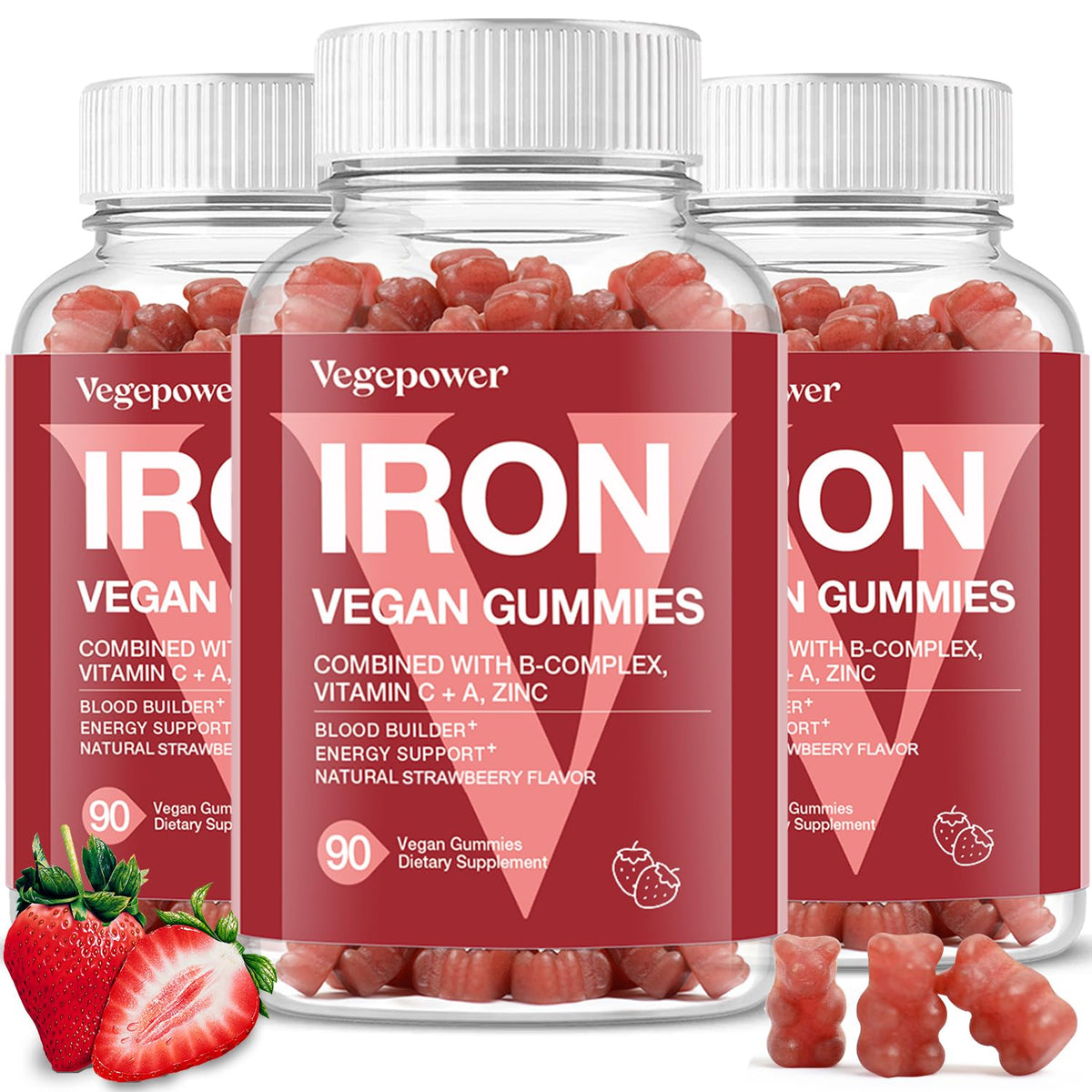 VEGEPOWER Iron Gummies for Kids & Women - Vegan Strawberry flavour front view
