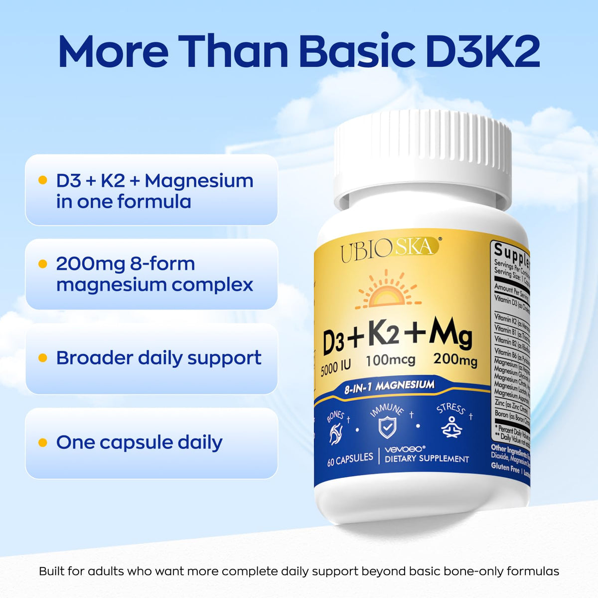 Vevoec UBIOSKA Vitamin D3 K2 Magnesium 5000 IU 60 Capsules back view