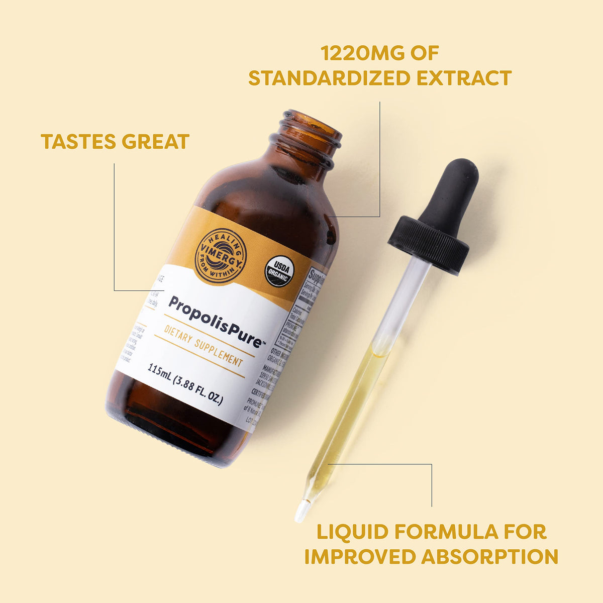 Vimergy PropolisPure® 115 mL bottle with cap open