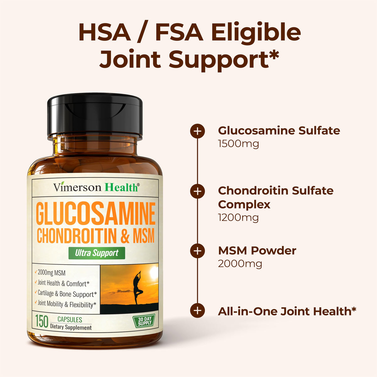 Vimerson Health Glucosamine Chondroitin MSM 1500mg capsules on a wooden table