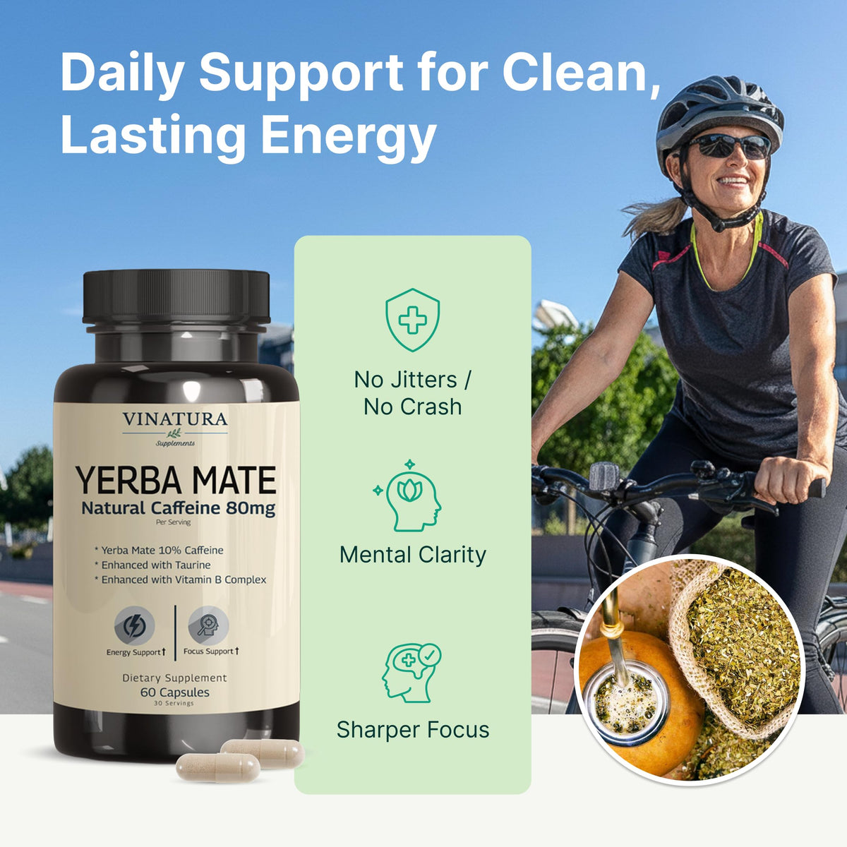 VINATURA Yerba Mate 1400mg Energy Supplement bottle side view