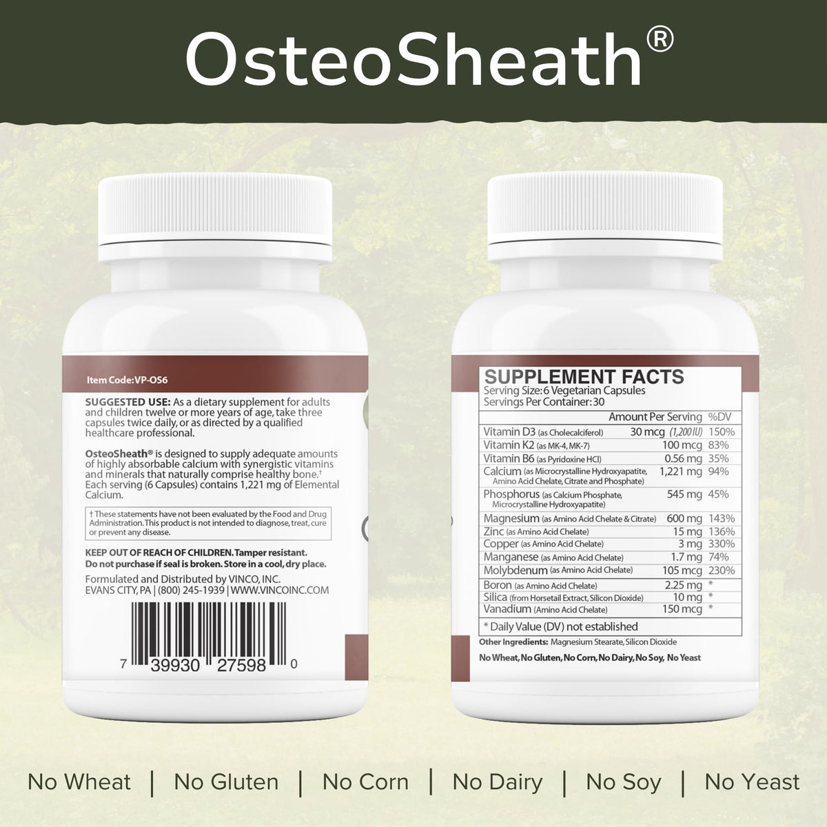 Vinco OsteoSheath capsules showing the allergen-free formula