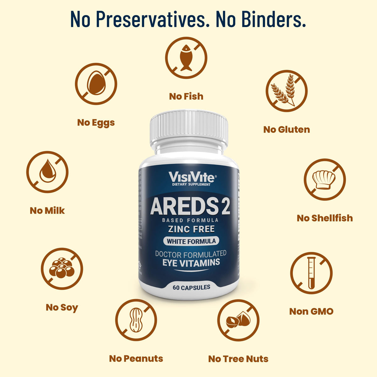 VisiVite AREDS 2 Eye Vitamins Zinc Free capsules on a wooden table