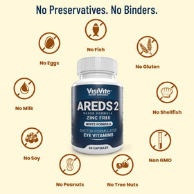 VisiVite AREDS 2 Eye Vitamins Zinc Free capsules on a wooden table
