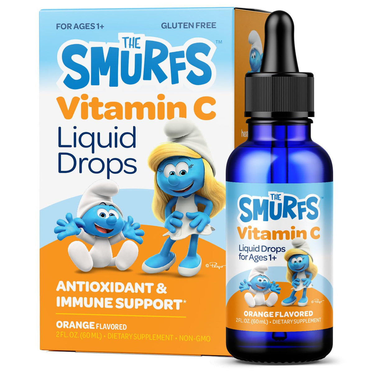 VITABURST Smurfs Liquid Vitamin C Drops front view with orange label