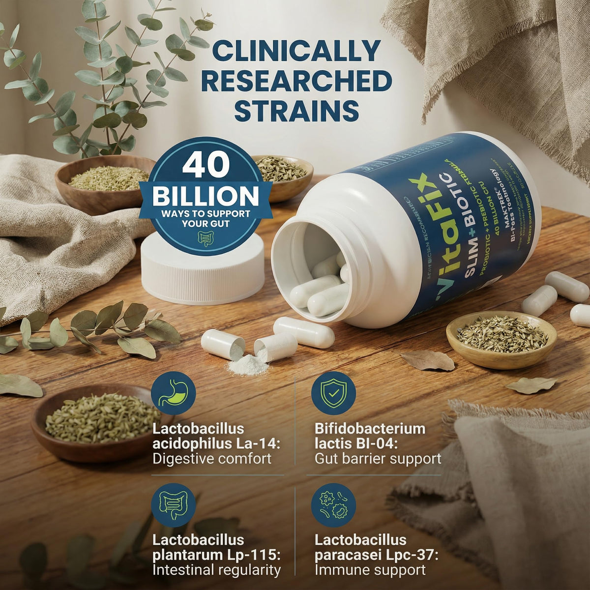 VitaFix Slimbiotic capsules on a wooden table