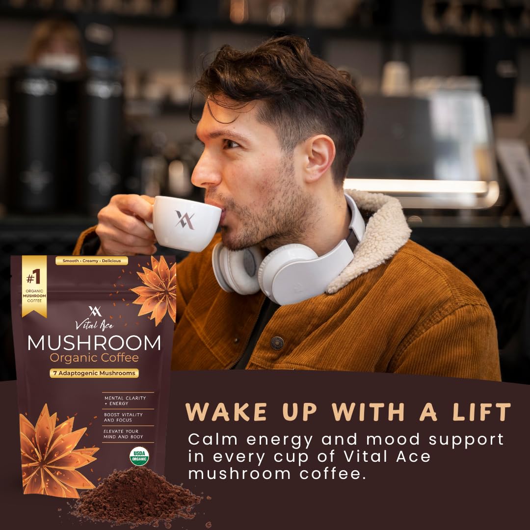 Vital Ace Organic Mushroom Coffee Blend with mushrooms displayed