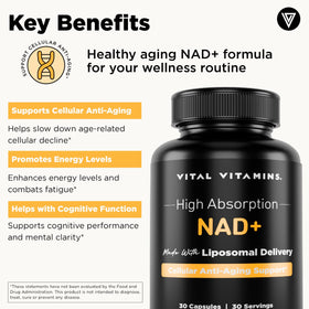 Vital Vitamins NAD+ Supplement 500mg capsules on a surface
