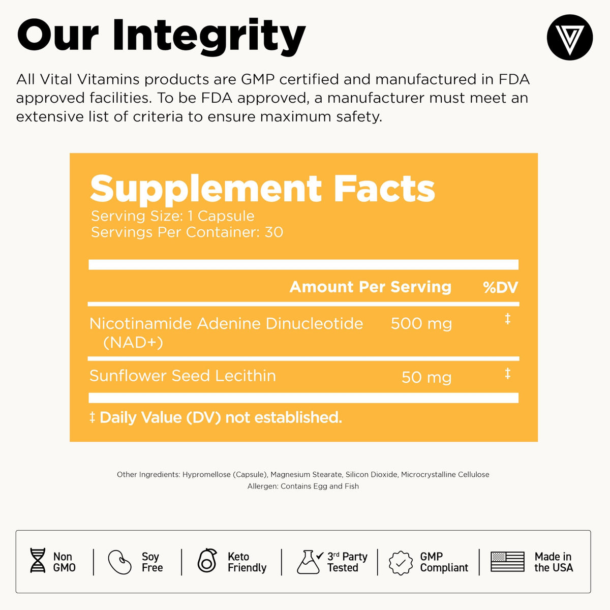 Vital Vitamins NAD+ Supplement 500mg ingredients list