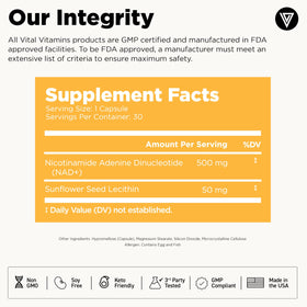 Vital Vitamins NAD+ Supplement 500mg ingredients list