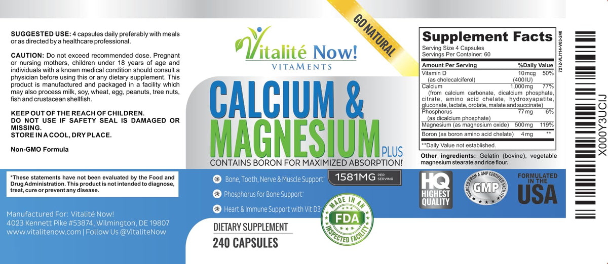 Vitalité Now! Calcium Magnesium Supplement 1000mg capsules on a table