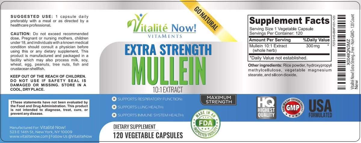 Vitalité Now! Mullein Capsules with label details