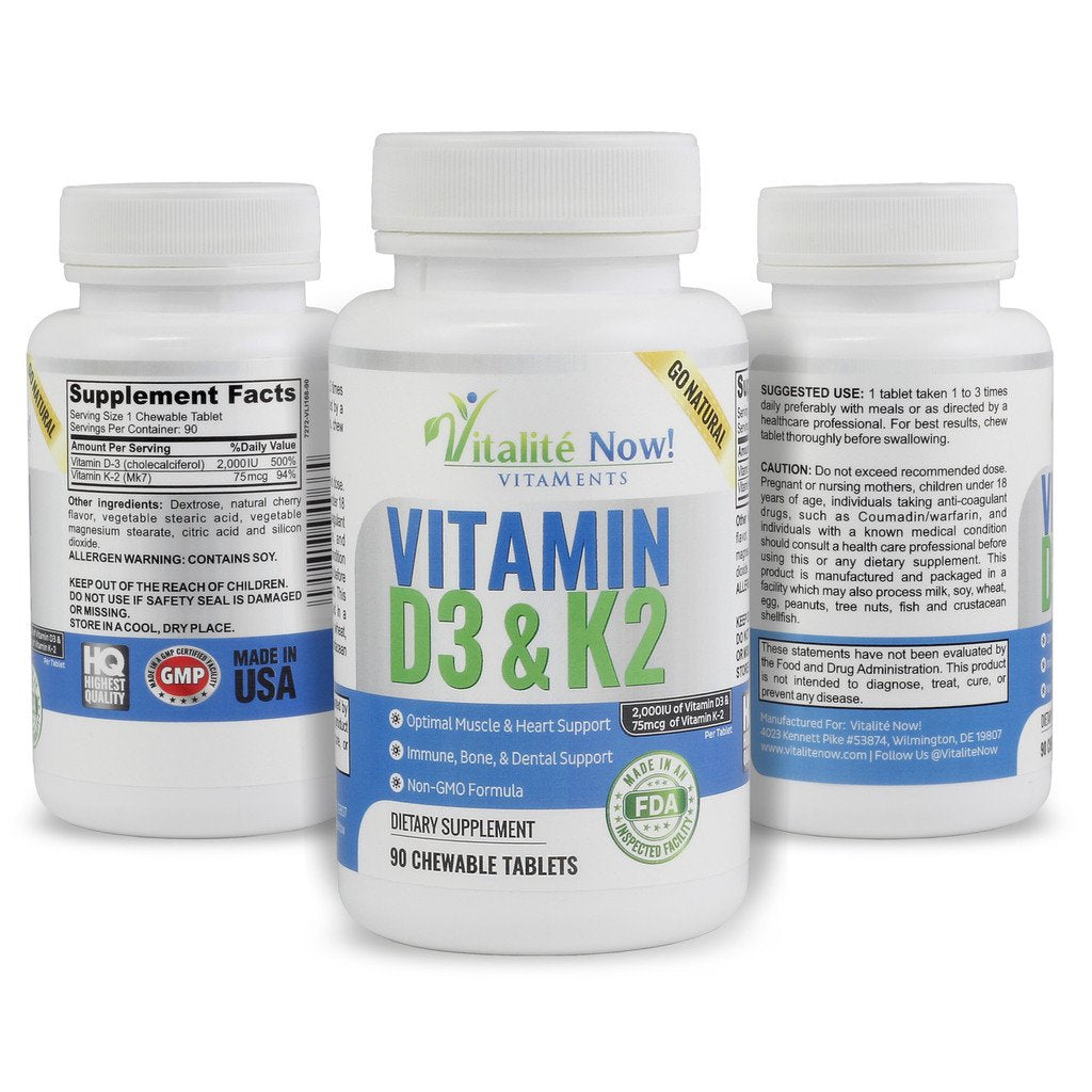 Vitalité Now! Vitamin D3 2000 IU + K2 MK7 capsules on a wooden surface