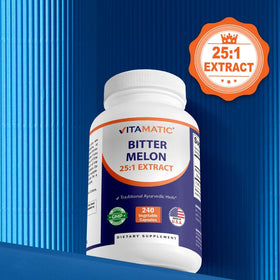 Vitamatic Bitter Melon capsules on a wooden table