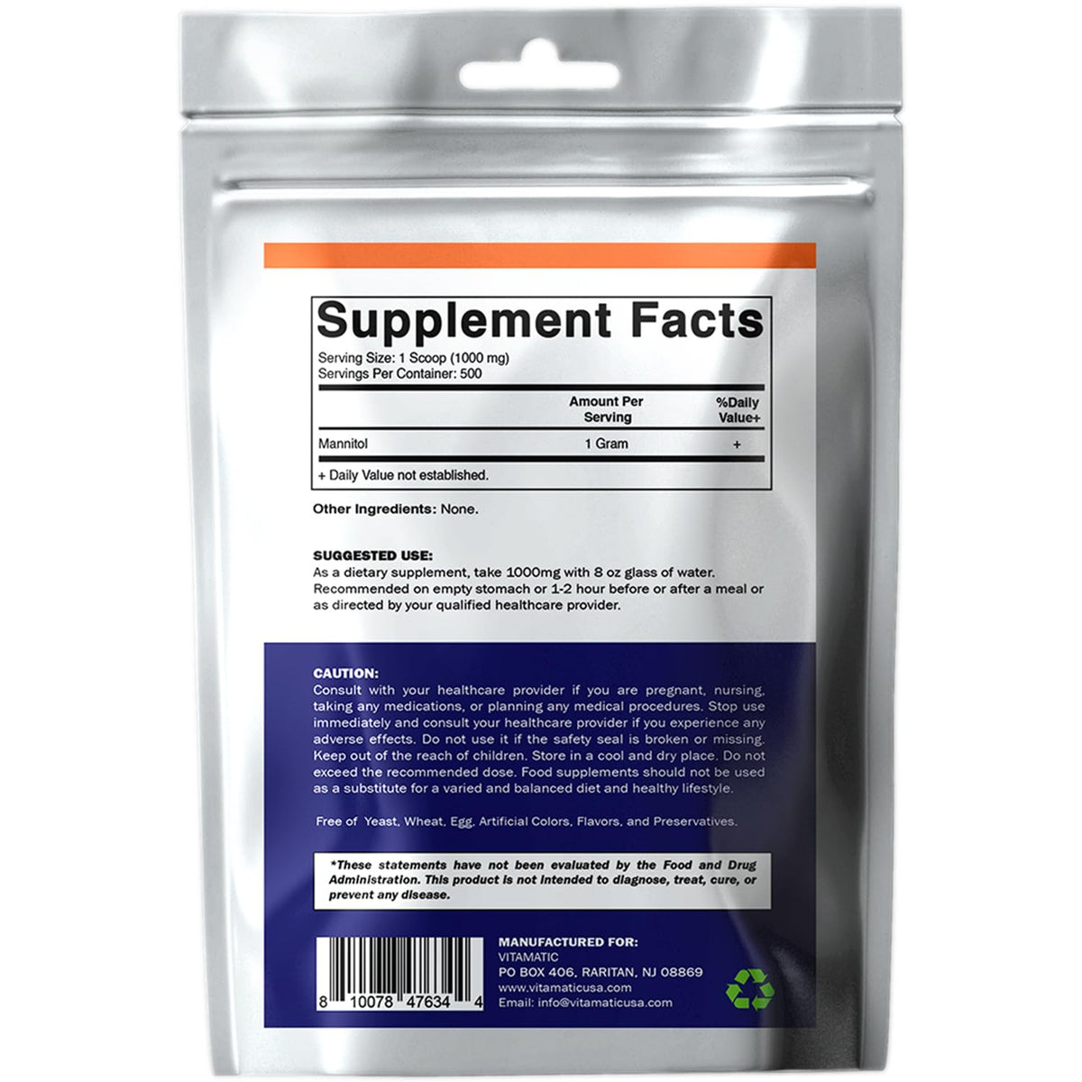 Vitamatic Mannitol Powder 500g on a kitchen counter