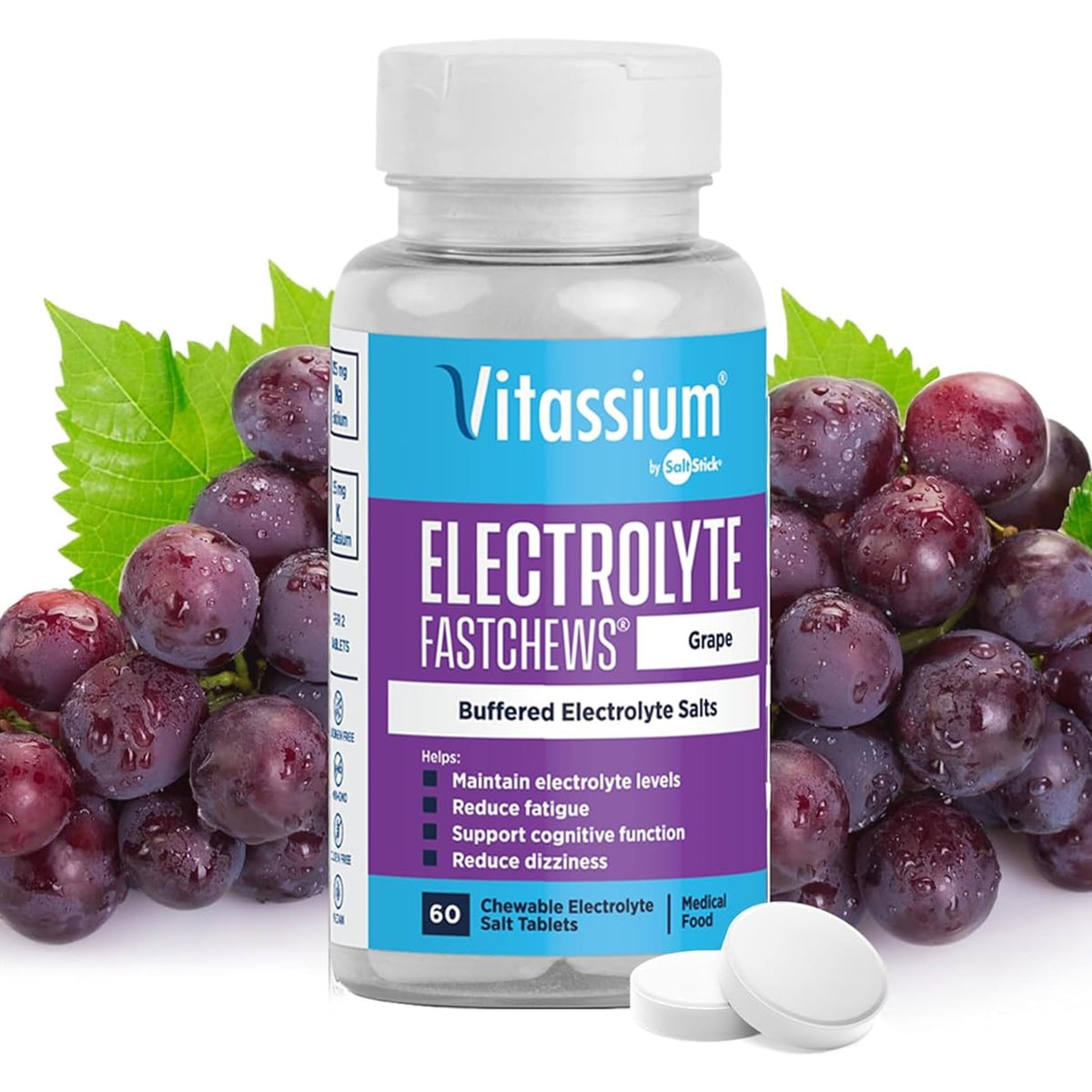 Vitassium FastChews grape flavour chewable electrolyte tablets front view