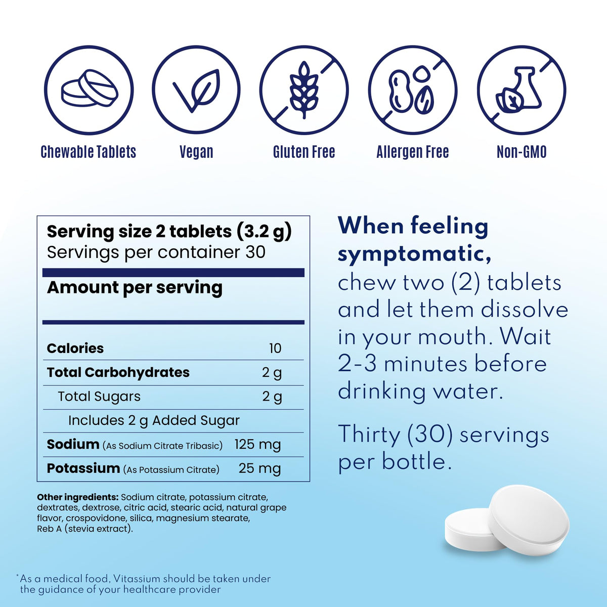 Vitassium FastChews tablets displayed with a glass of water