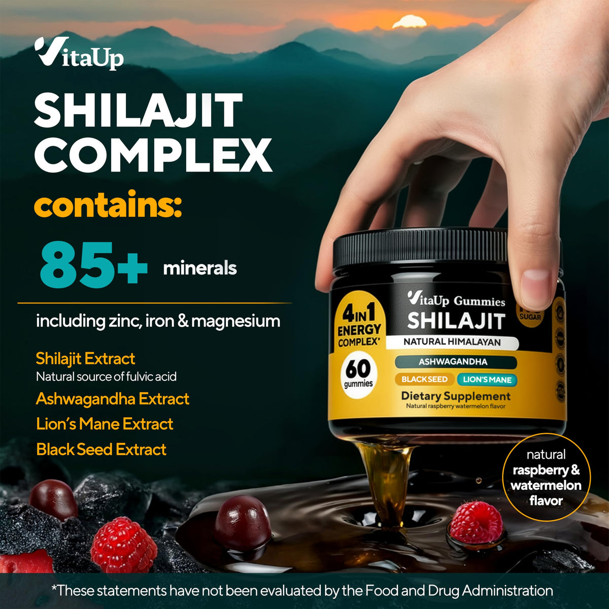 VitaUp Himalayan Shilajit Gummies showing raspberry and watermelon flavour
