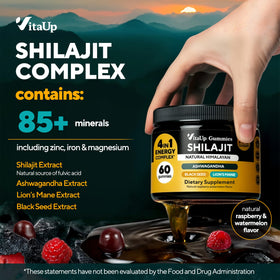 VitaUp Himalayan Shilajit Gummies showing raspberry and watermelon flavour