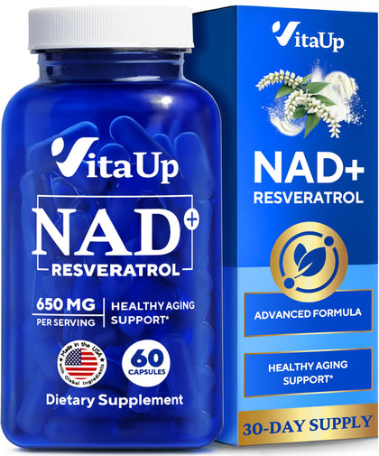 VitaUp NAD+ Resveratrol Supplement 650mg front view of packaging