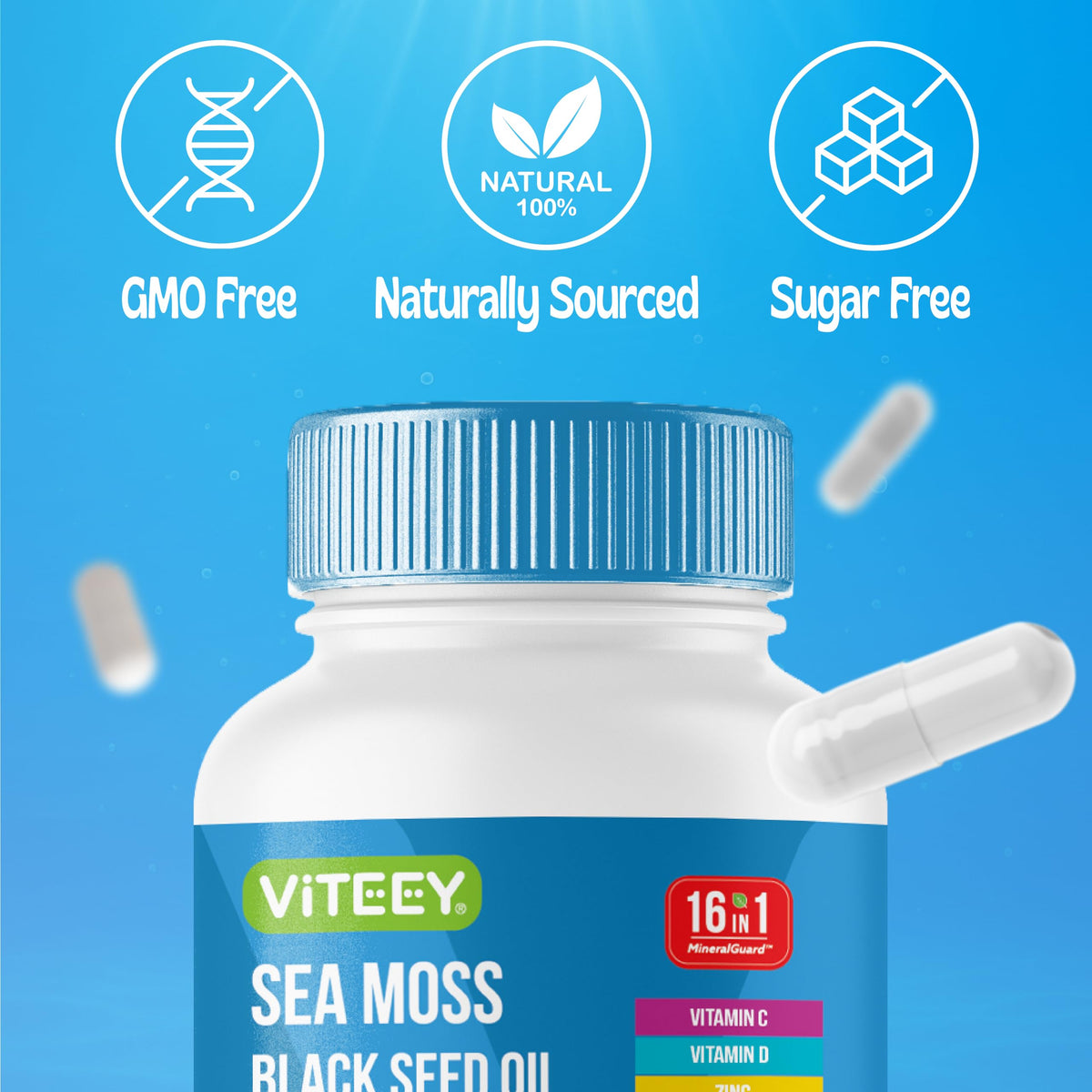 Viteey Sea Moss Capsules with a measuring spoon for dosage