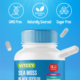 Viteey Sea Moss Capsules with a measuring spoon for dosage