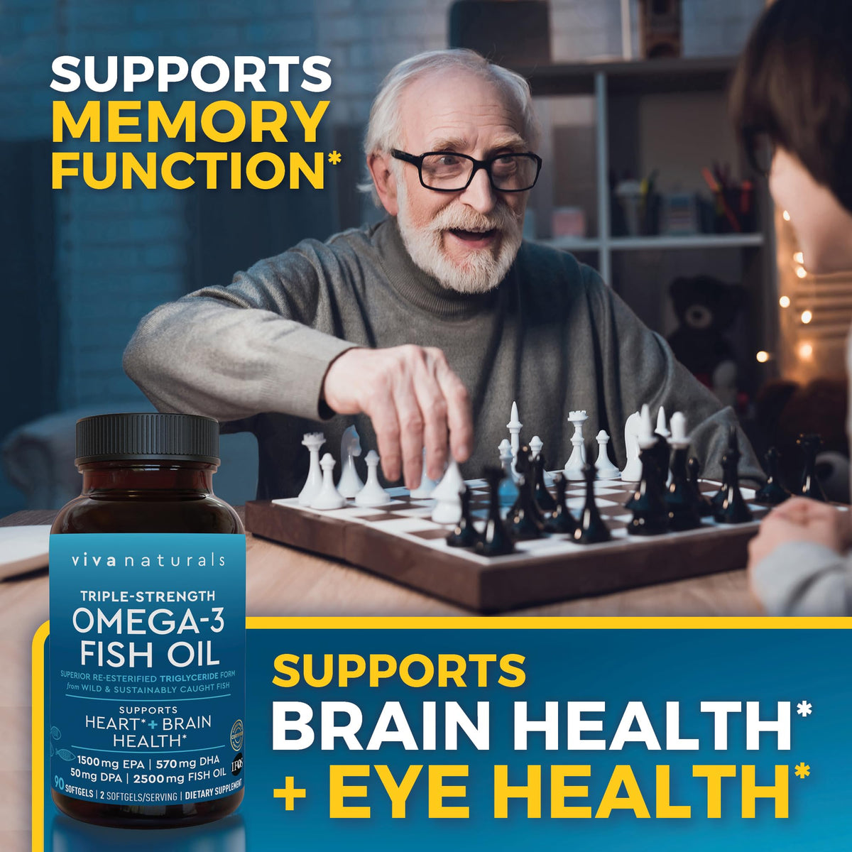 Viva Naturals Omega 3 Fish Oil softgels with a measuring spoon