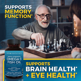 Viva Naturals Omega 3 Fish Oil softgels with a measuring spoon