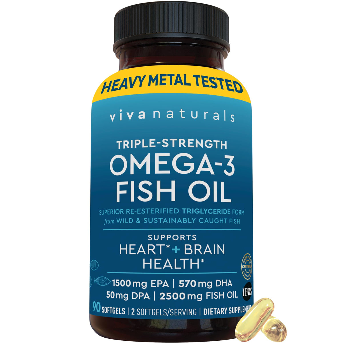 Viva Naturals Triple Strength Omega 3 Fish Oil 2500 mg softgels front view