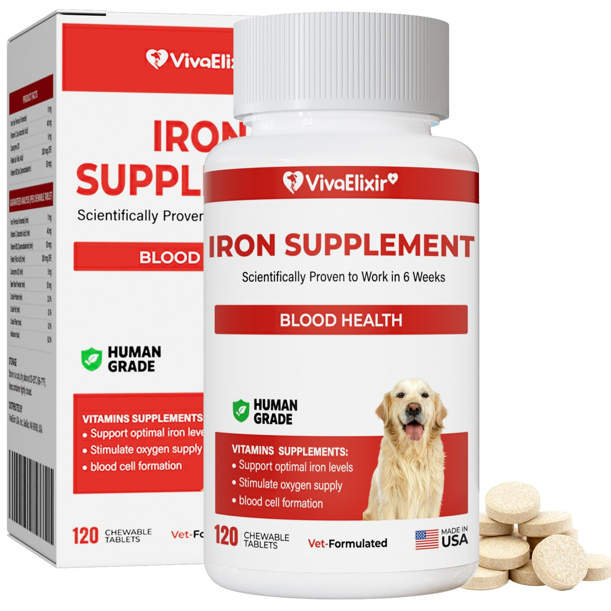 VivaElixir Iron Supplement for Dogs 120 Tablets front view