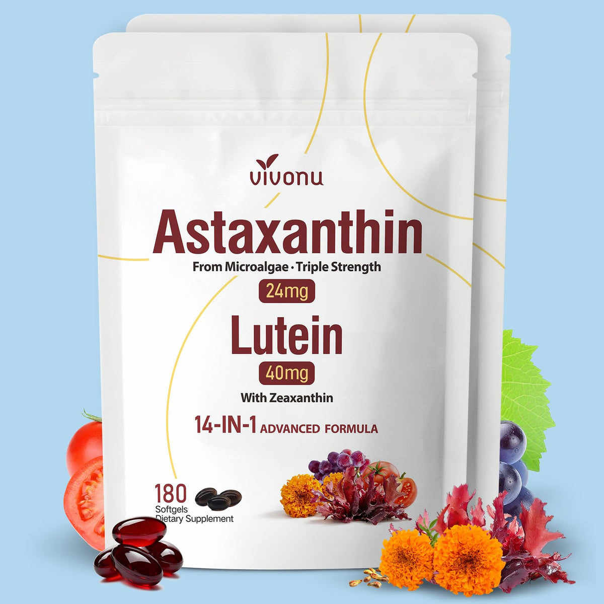 VivoNu 14-in-1 Astaxanthin 24mg & Lutein 40mg Softgels front view
