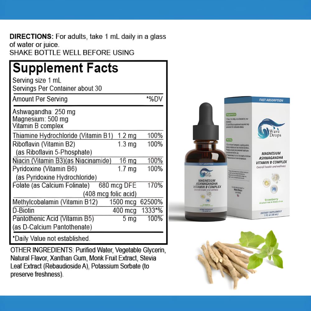 Wave Drops Magnesium, Ashwagandha & B-Complex Liquid Drops bottle side view