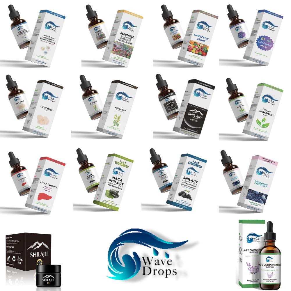 Wave Drops Magnesium, Ashwagandha & B-Complex Liquid Drops on a kitchen counter