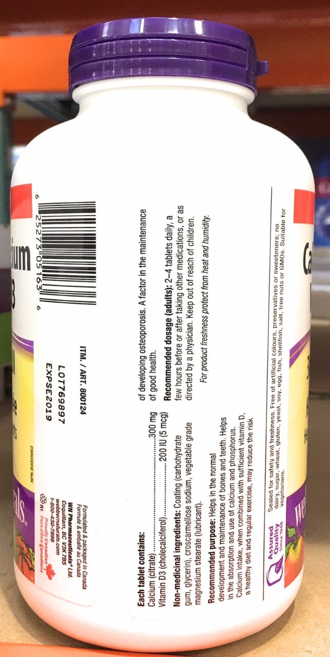 Webber Naturals Calcium Citrate Vitamin D3 300mg 350 Tablets bottle with label