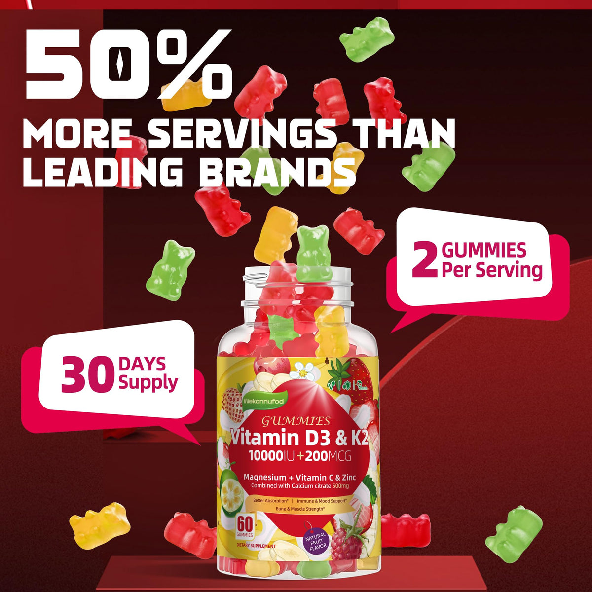 Wekannufod Vitamin D3 K2 Gummies with peach juice background
